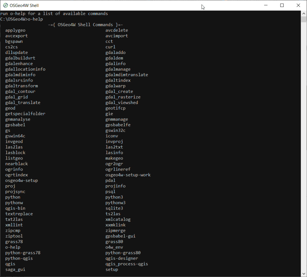 OSGeo4W Shell with o-help open