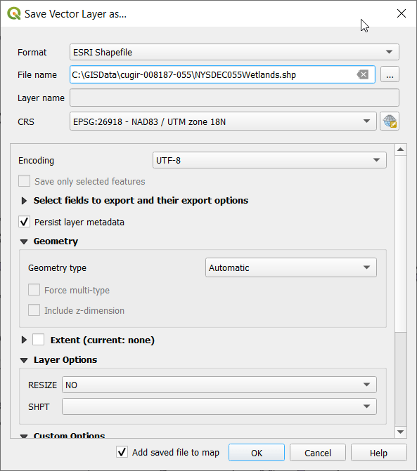 Save Vector Layer Dialog Box