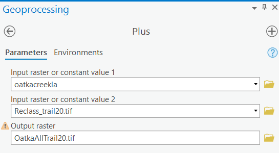 Adding the LiDAR and Trail Layer together (Input 1 is your Elevation Model and Input 2 is the trail raster)