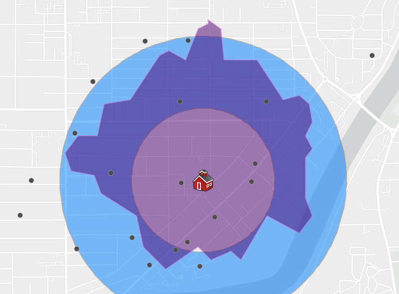 Comparison of the drive-time area vs the distance buffer tools