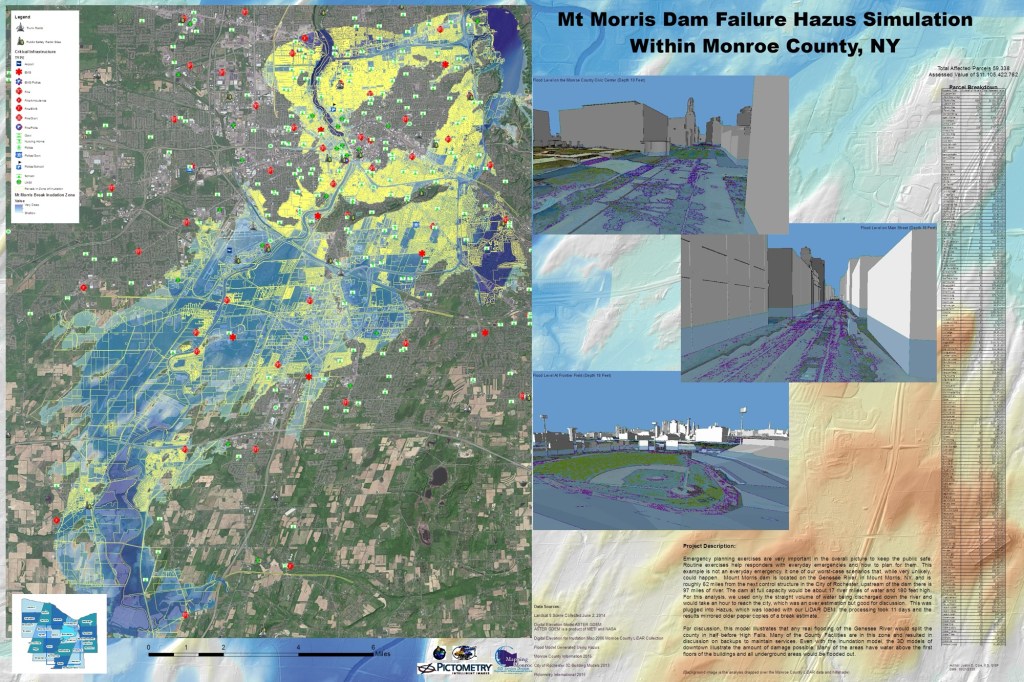 A worst-case scenario visualization of Mt Morris Dam Failing and its impacts on Monroe County. Shown at the ESRIUC 2015 and included in the ESRI Mapbook volume 31.