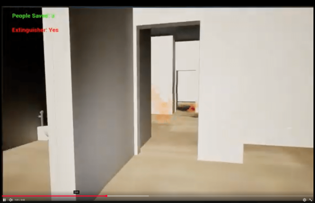 Screenshot from the video of my fire escape game showing a GIS derived scene layer and some fire blocking the door.  